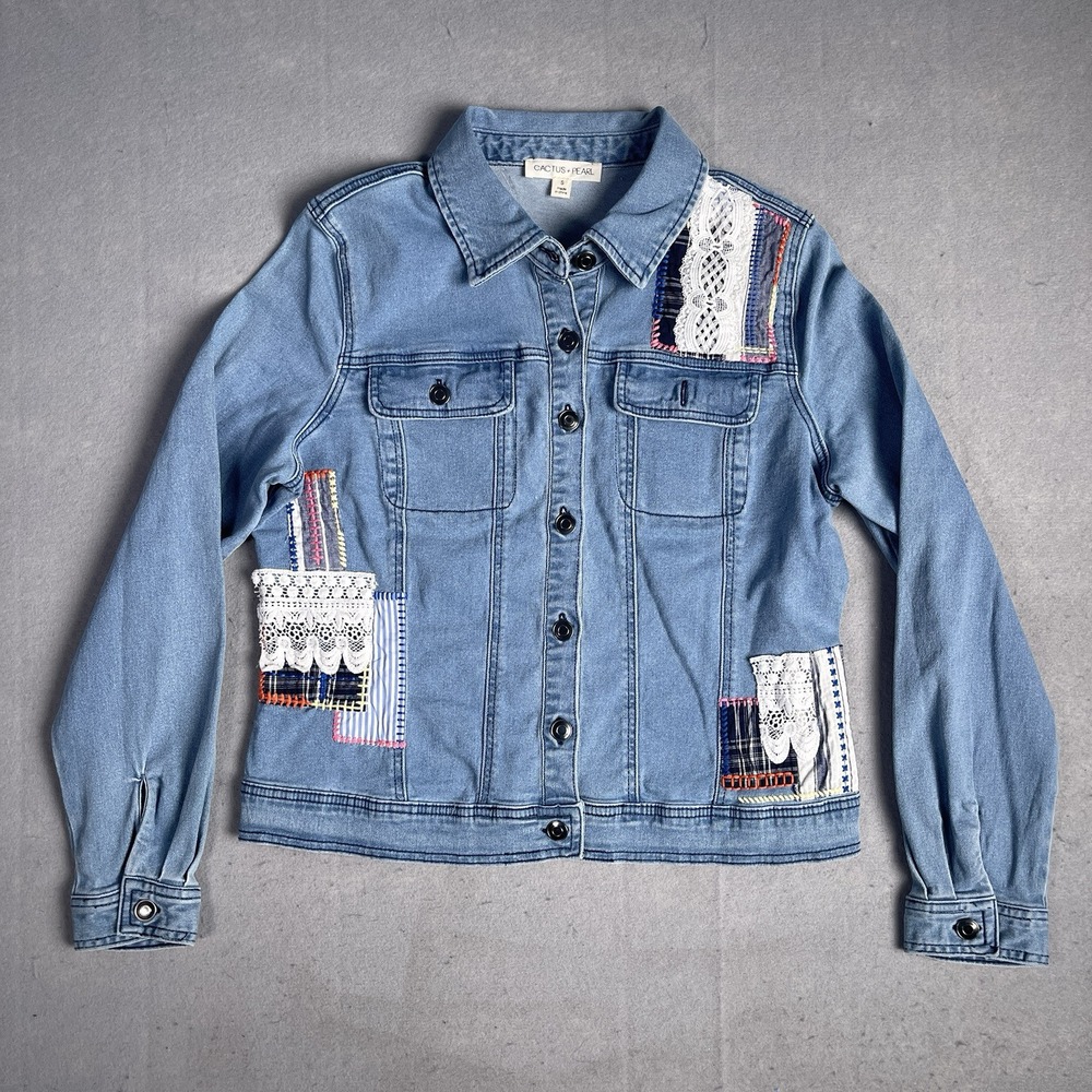 Cactus & Pearl Blue Denim 3d Embroidered Lace Jean Jacket Woman Small